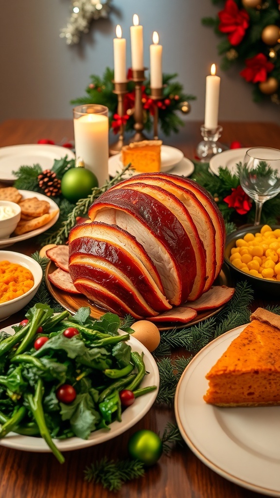 Traditional African American Christmas Dinner A festive Christmas dinner table with glazed ham, collard greens, macaroni and cheese, cornbread, and sweet potato pie.